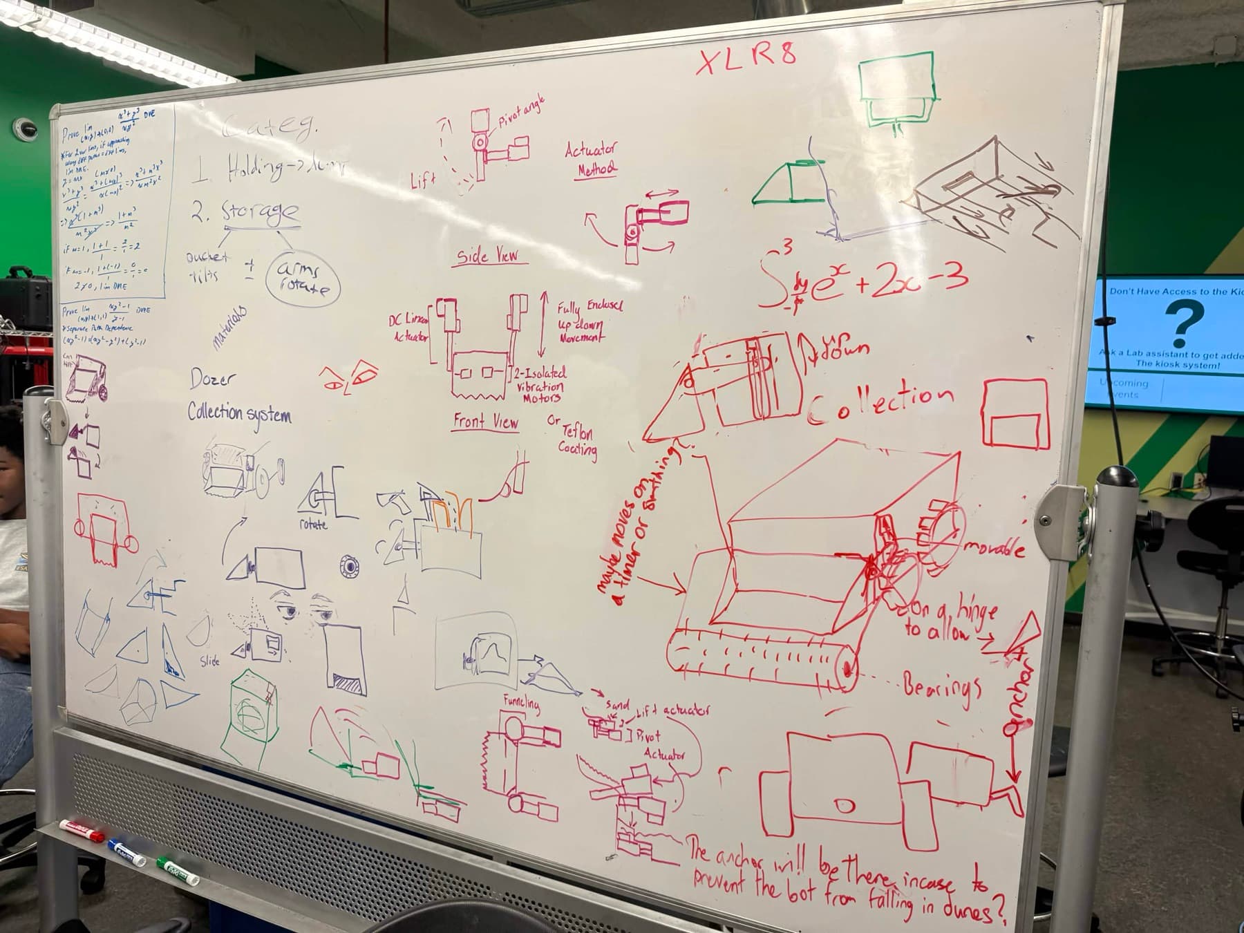 Whiteboard covered in rover collection-system sketches and actuator notes